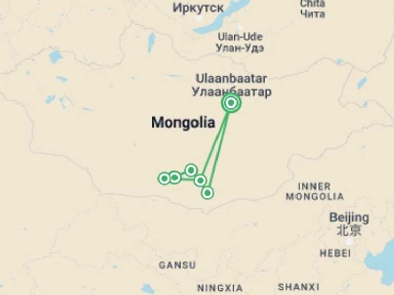 Map itinerary of Mongolia Tour in August 2026 with 7 destination visits for the trip: Mountain Biking the Gobi