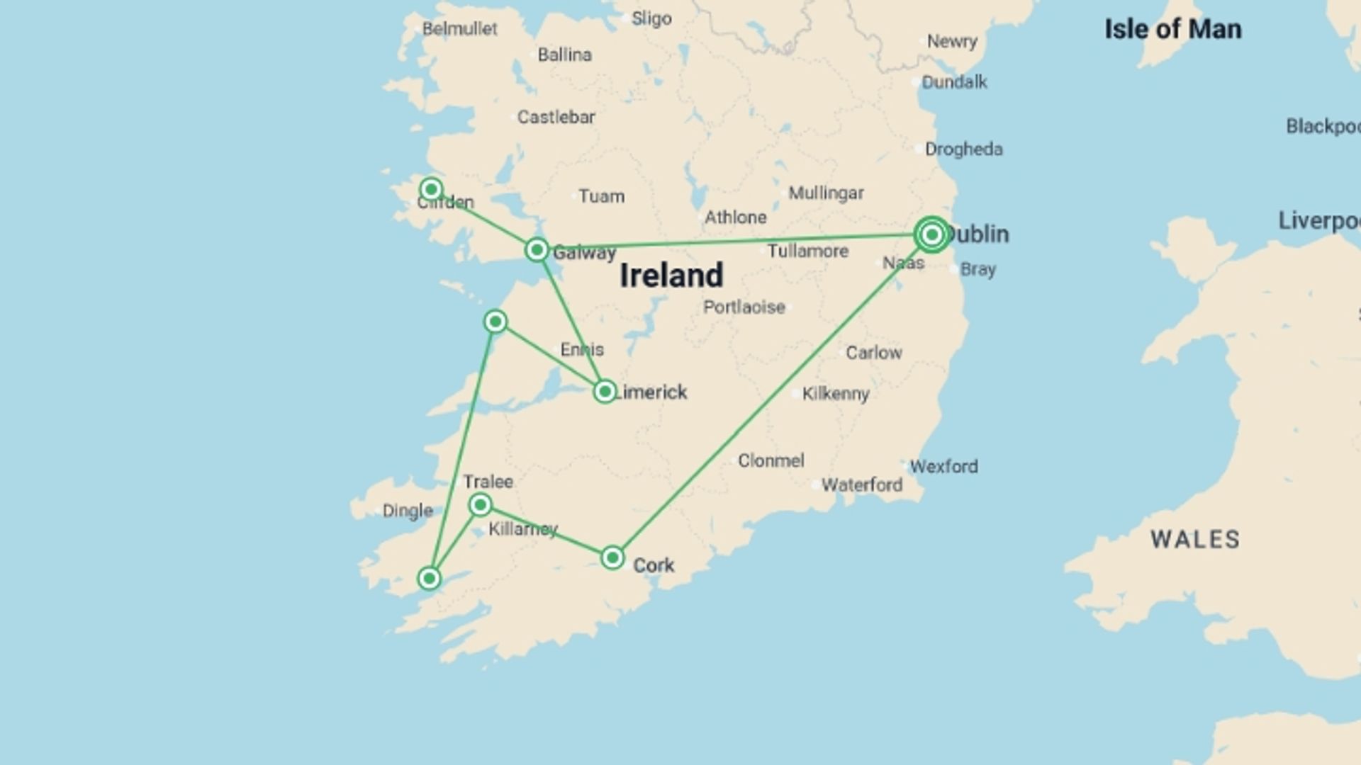 A map showing the tour itinerary for the trip: Unforgettable Ireland, starting in Dublin, Ireland and ending in Dublin, Ireland going through 4 other destinations.