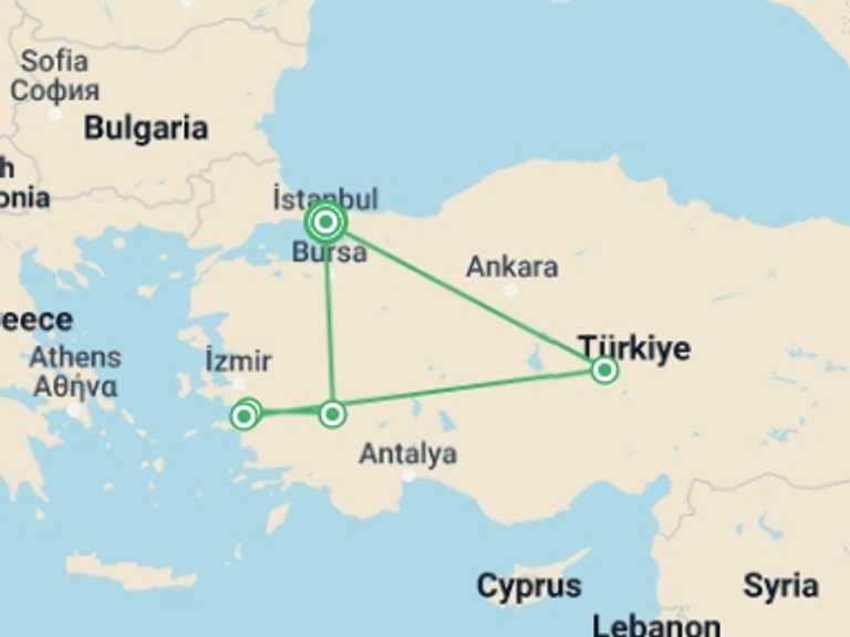 Map itinerary of Turkey Tour in September 2025 with 5 destination visits for the trip: Turkey Experience Tour