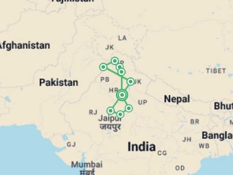 Map itinerary of India Tour in September 2027 with 9 destination visits for the trip: Best of India