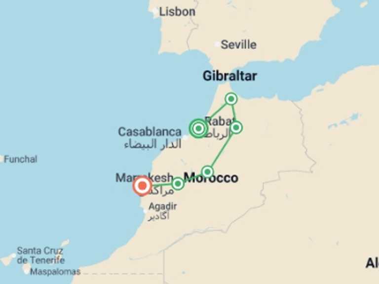 Map itinerary of Africa Tour in May 2027 with 6 destination visits for the trip: Upgraded - Discover Morocco and the Atlantic Coast