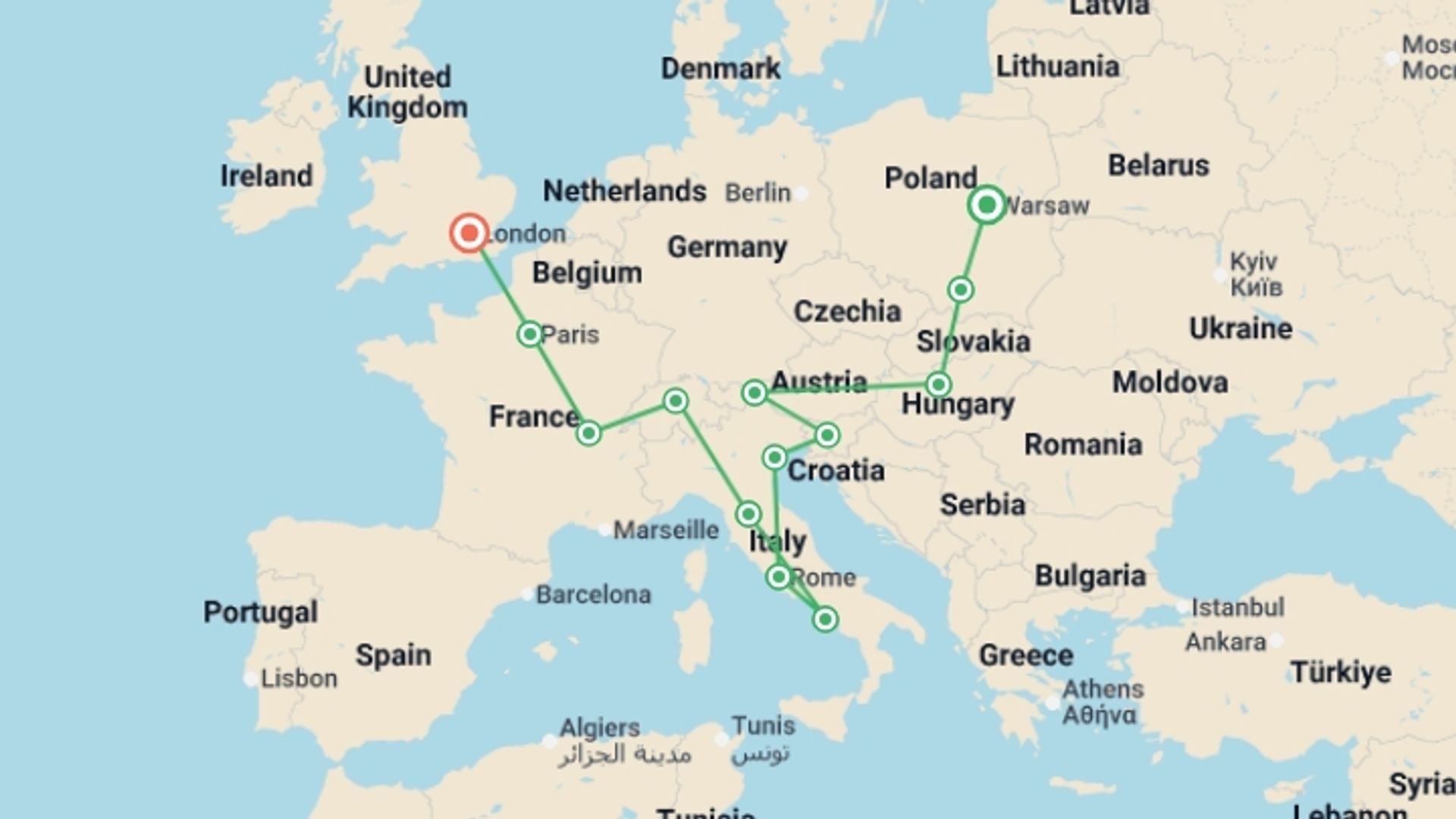 A map showing the tour itinerary for the trip: Warsaw to London Vistas, starting in Warsaw, Poland and ending in London, England going through 11 other destinations.