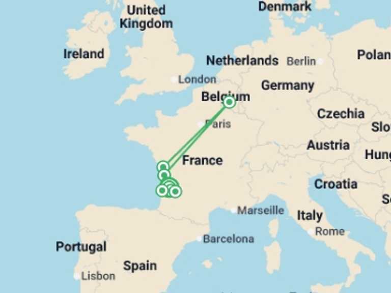 Map itinerary of France Tour in May 2026 with 4 destination visits for the trip: Cruise through the Aquitaine Region from Bordeaux to Royan, along the Gironde Estuary and the Garonne and Dordogne Rivers (port-to-port cruise)