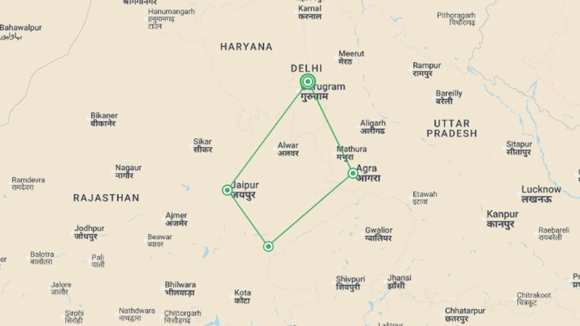 A map showing the tour itinerary for the trip: Classic Taj & Tigers (4 Star) - 8 days, starting in New Delhi, India and ending in New Delhi, India going through 3 other destinations.