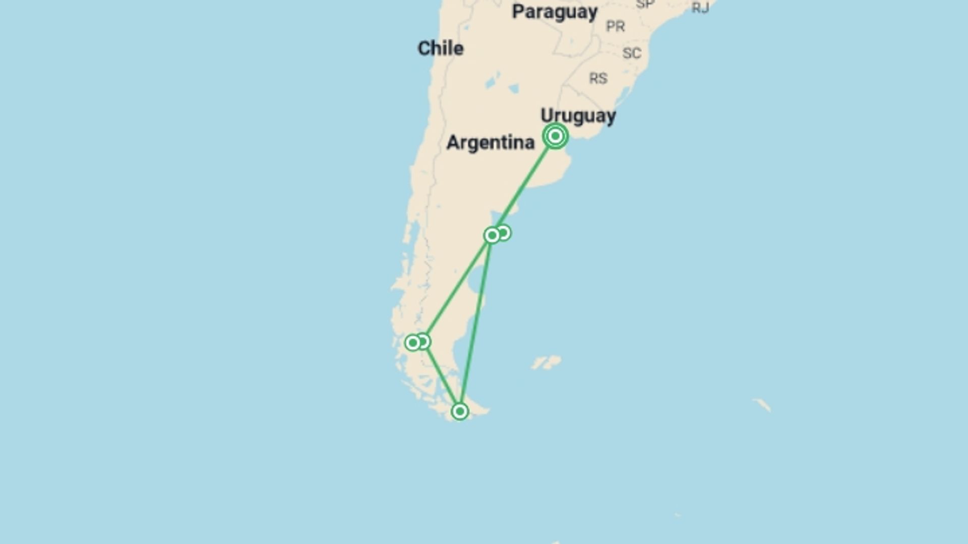 A map showing the tour itinerary for the trip: Visiting Patagonia 12 nights, starting in Buenos Aires, Argentina and ending in Buenos Aires, Argentina going through 5 other destinations.