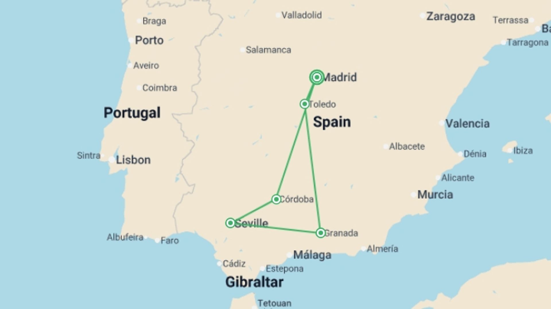 A map showing the tour itinerary for the trip: Essential Spain, starting in Madrid, Spain and ending in Madrid, Spain going through 4 other destinations.