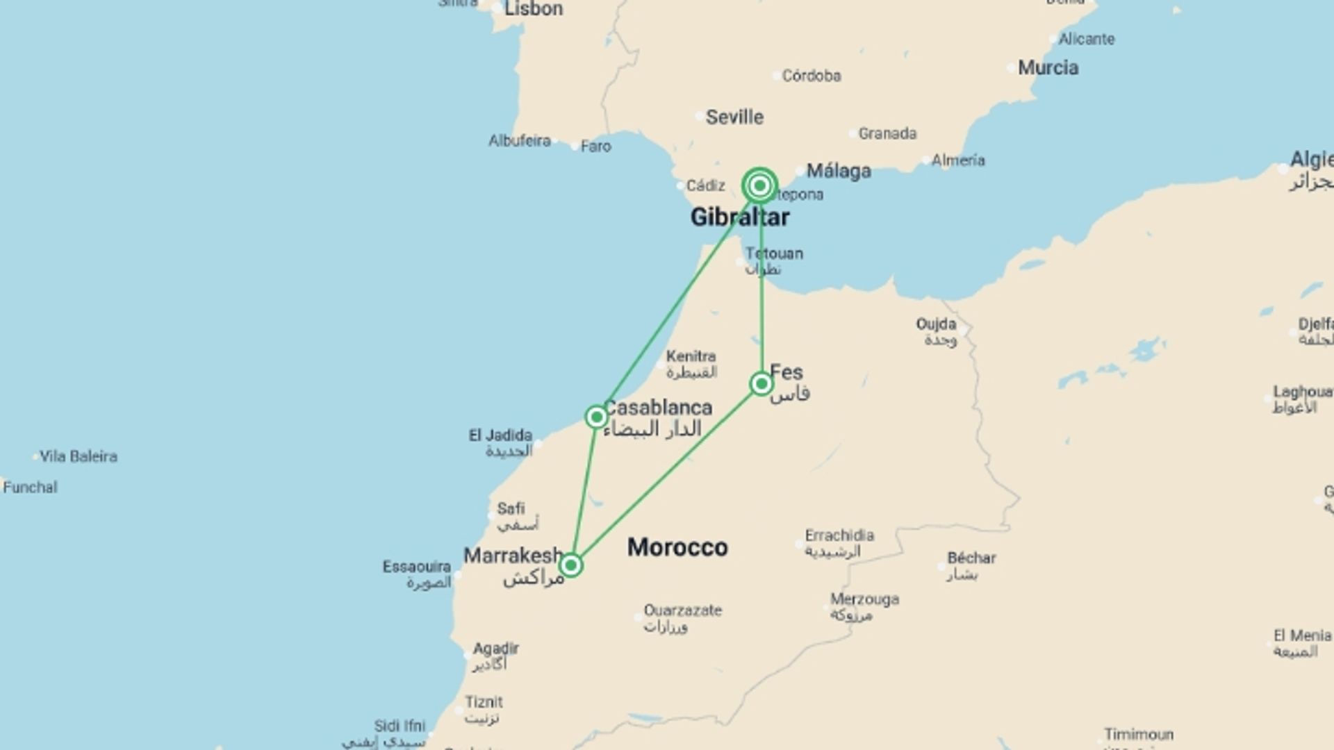 A map showing the tour itinerary for the trip: Costa del Sol to Morocco Week (Superior) - 7 days, starting in Costa del Sol, Spain and ending in Costa del Sol, Spain going through 3 other destinations.