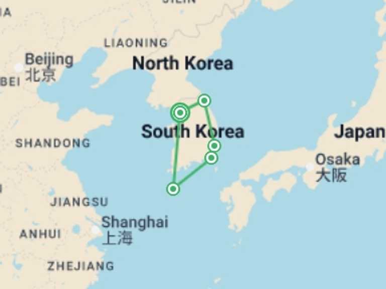 Map of 15-Day Asia Tour with 5 destination visits for the trip: The Best of South Korea Tour