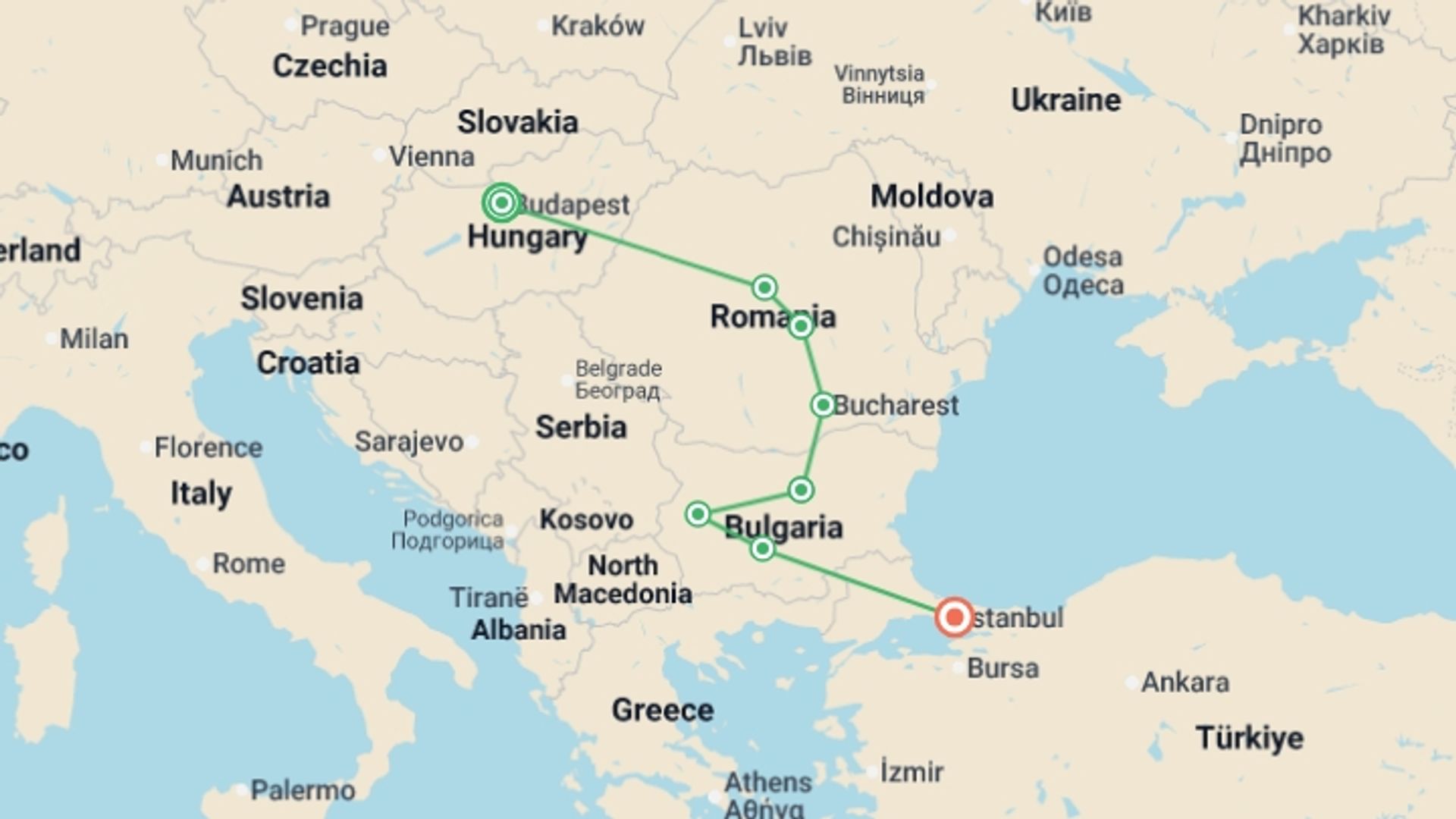 A map showing the tour itinerary for the trip: Budapest to Istanbul, starting in Budapest, Hungary and ending in Istanbul, Turkey going through 6 other destinations.