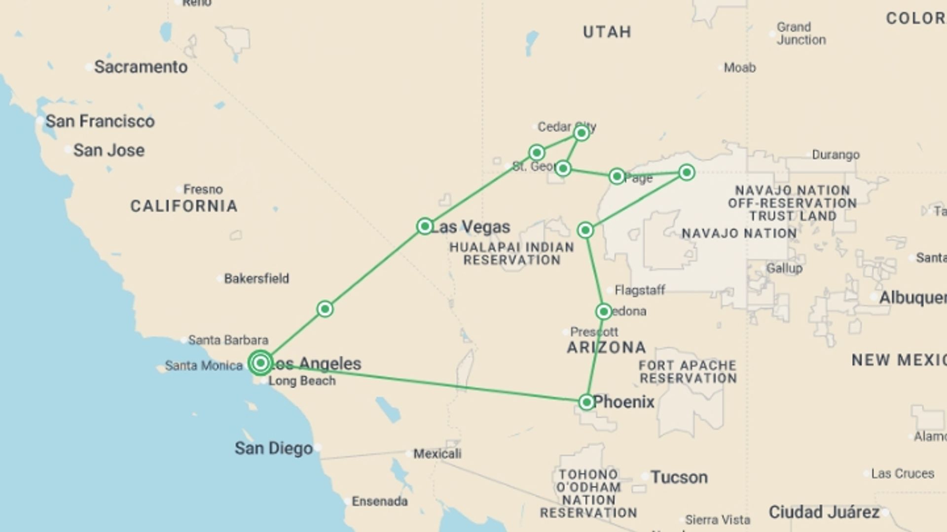 A map showing the tour itinerary for the trip: Palm Springs, Grand Canyon & Las Vegas - 8 days , starting in Los Angeles, USA and ending in Los Angeles, USA going through 4 other destinations.
