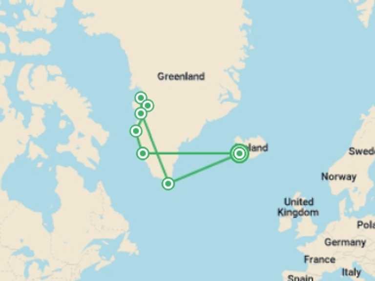 Map of Europe Tour with 7 destination visits for the trip: West Greenland: Discovering Massive Icebergs and Inuit Communities, Northbound