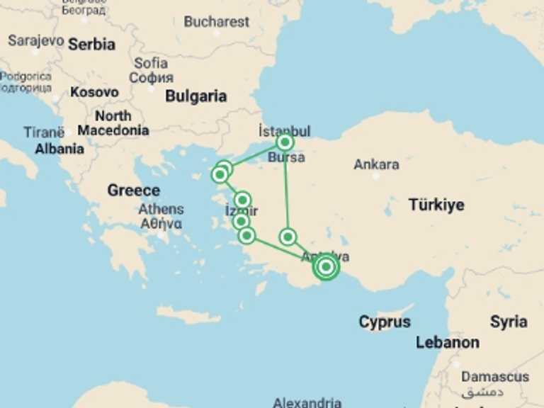 Map of 8-Day Pamukkale Tour with 5 destination visits for the trip: Tui Tours | Turkish Cities & Culture, Small Group Tour
