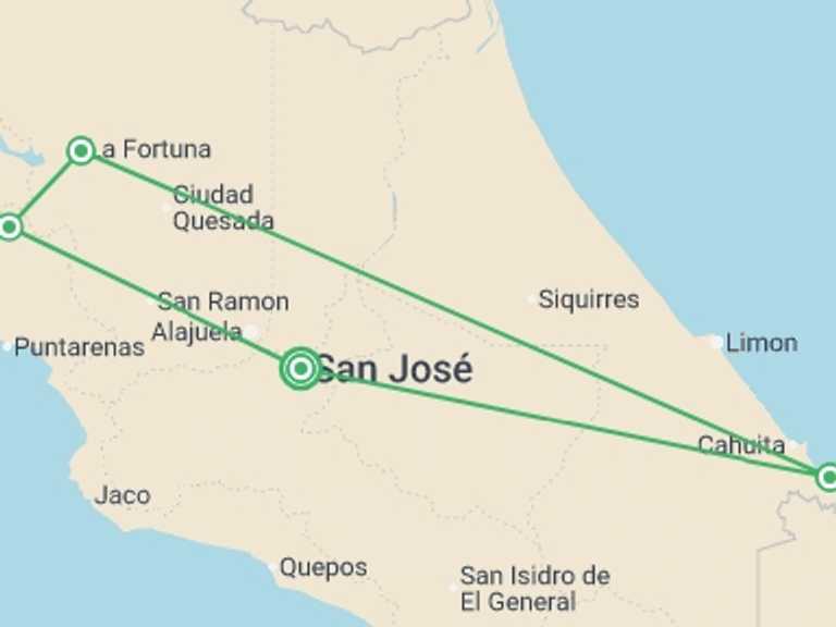 Map itinerary of Costa Rica Tour in June 2027 with 4 destination visits for the trip: One Week In Costa Rica