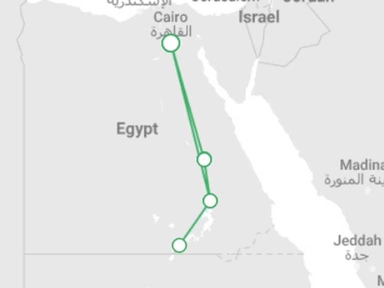 Map itinerary of Egypt Tour in March 2026 with 3 destination visits for the trip: Classical Egypt - 9 Days