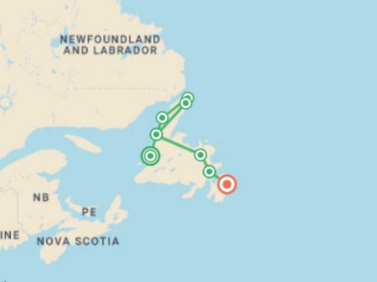 Map of 12-Day Canada Tour with 10 destination visits for the trip: Newfoundland Explorer (Small Group) - 12 days