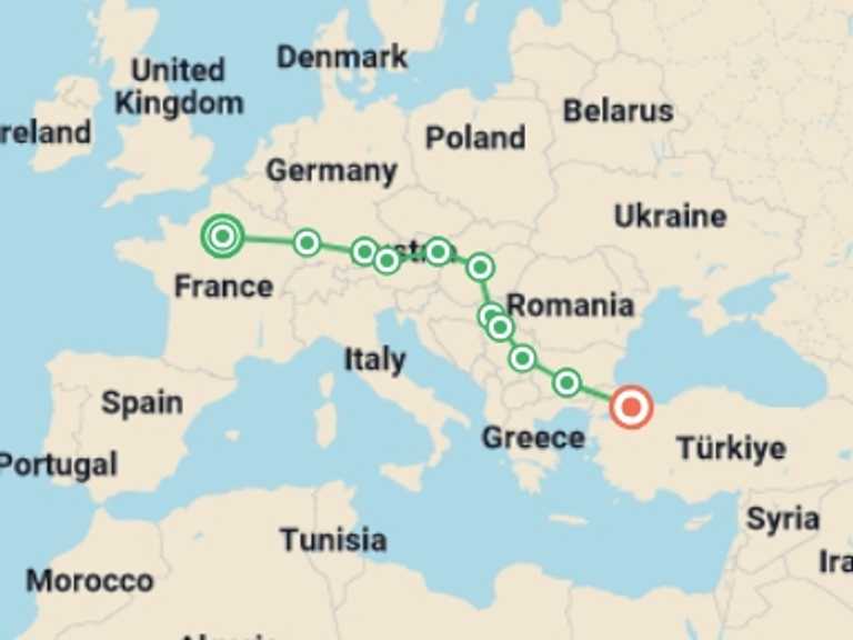 Map of 15-Day Europe Tour with 9 destination visits for the trip: Express to the Orient: Paris to Istanbul