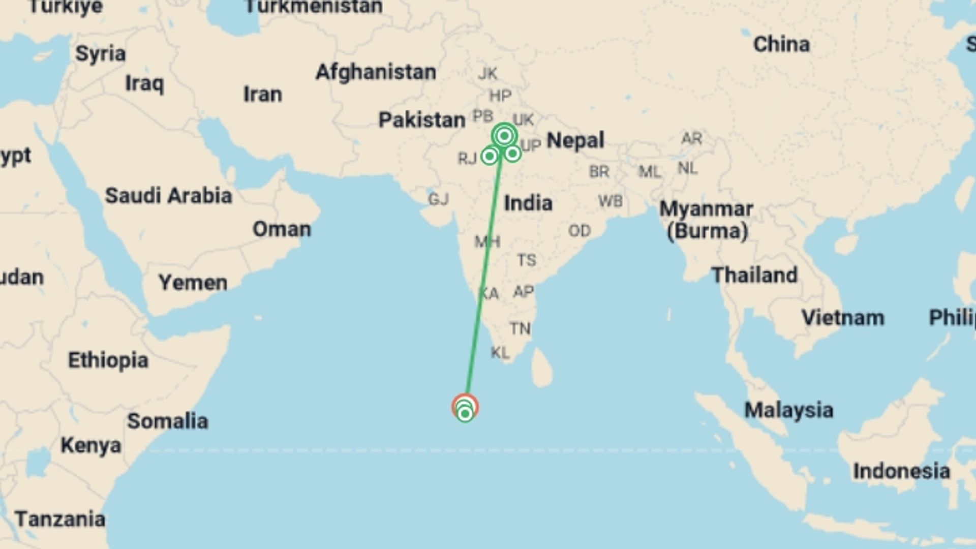 A map showing the tour itinerary for the trip: Essential India & Maldives Sailing, starting in New Delhi, India and ending in Male, Maldives going through 5 other destinations.