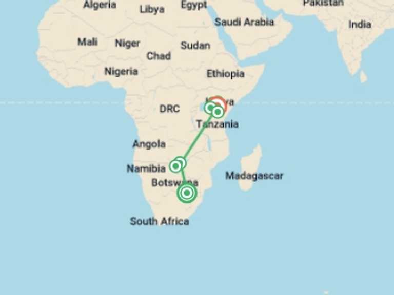 Map of Africa Tour with 11 destination visits for the trip: Victoria Falls & Kenyan Discovery