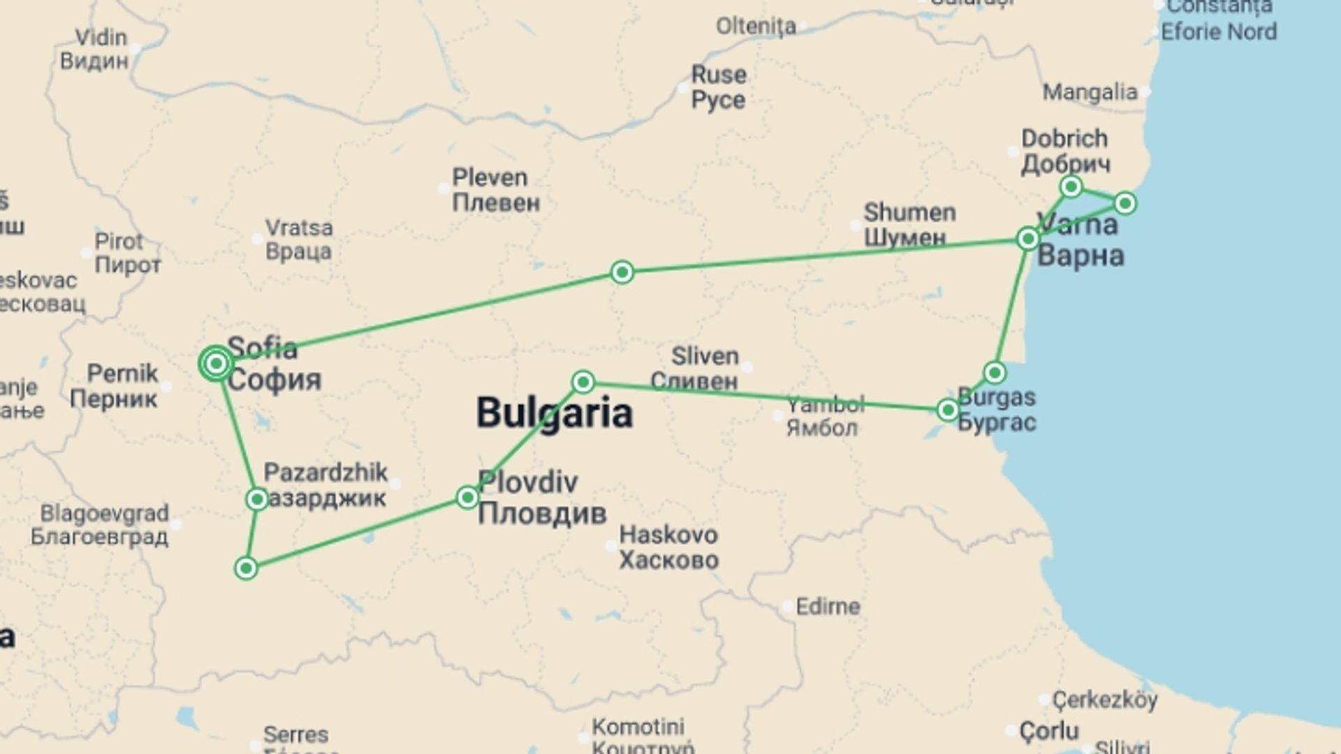 A map showing the tour itinerary for the trip: Go Local: Best Of Bulgaria, Self-drive, starting in Sofia, Bulgaria and ending in Sofia, Bulgaria going through 5 other destinations.