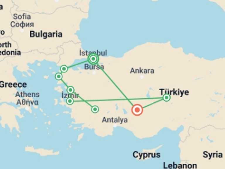 Map itinerary of Istanbul Tour in November 2026 with 7 destination visits for the trip: 10 Day Highlights of Turkey Tour