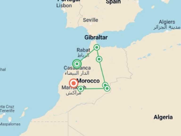Map of 11-Day Marrakech Tour with 7 destination visits for the trip: Delve Deep: Morocco