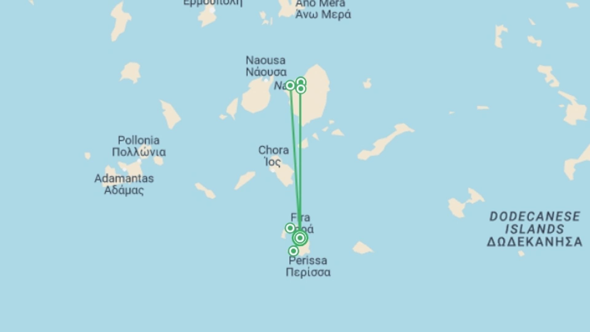 A map showing the tour itinerary for the trip: Santorini and Naxos on Foot, starting in Santorini, Greece and ending in Santorini, Greece going through 6 other destinations.