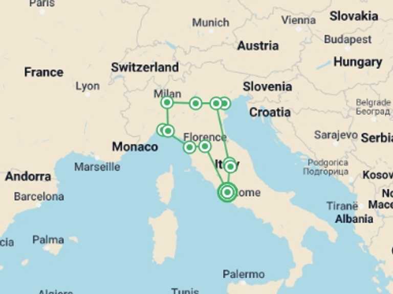 Map of Milan Art and architecture Tour with 8 destination visits for the trip: Italian Treasures
