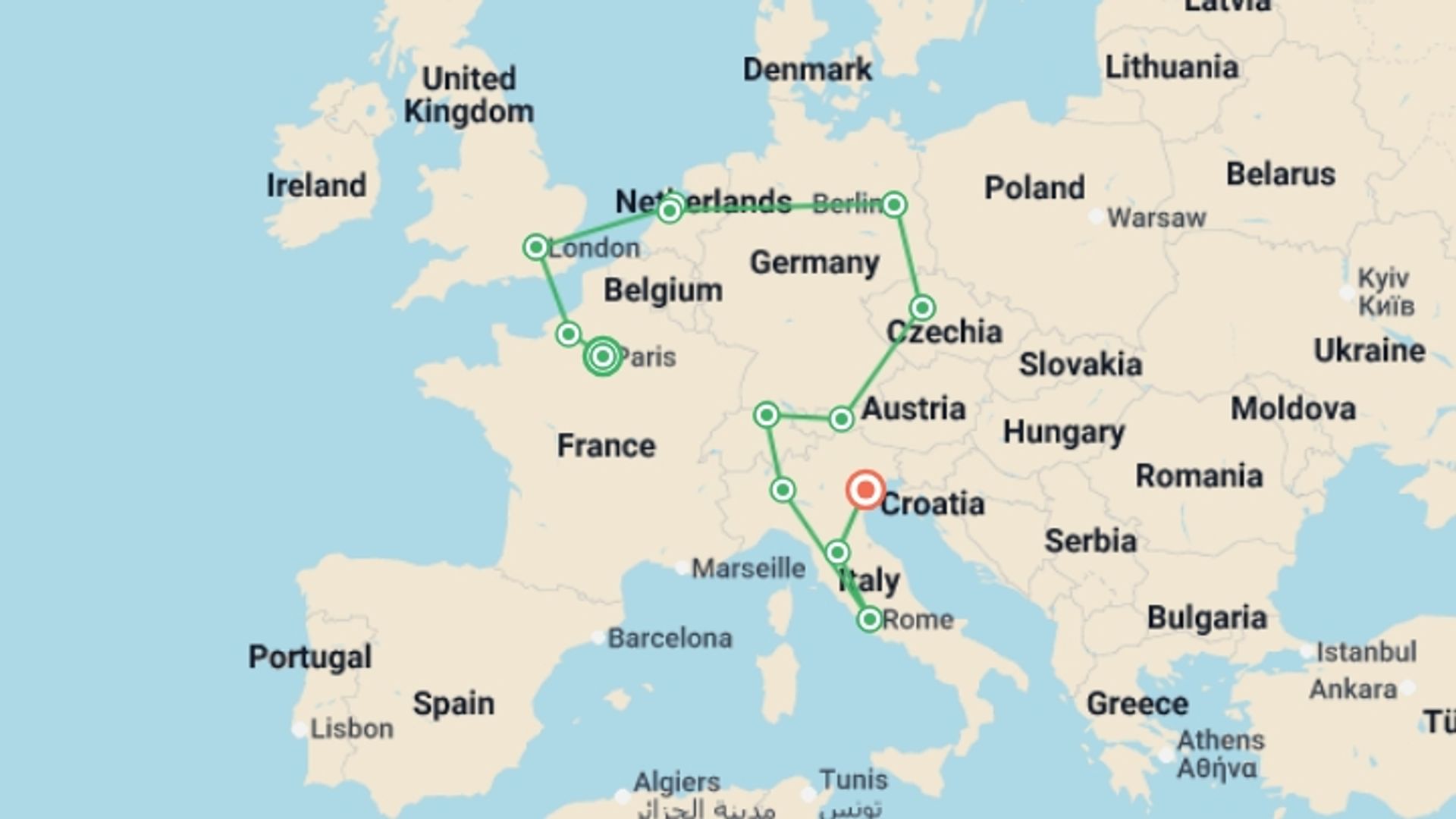 A map showing the tour itinerary for the trip: Great European Tour GO, starting in Paris, France and ending in Venice, Italy going through 11 other destinations.
