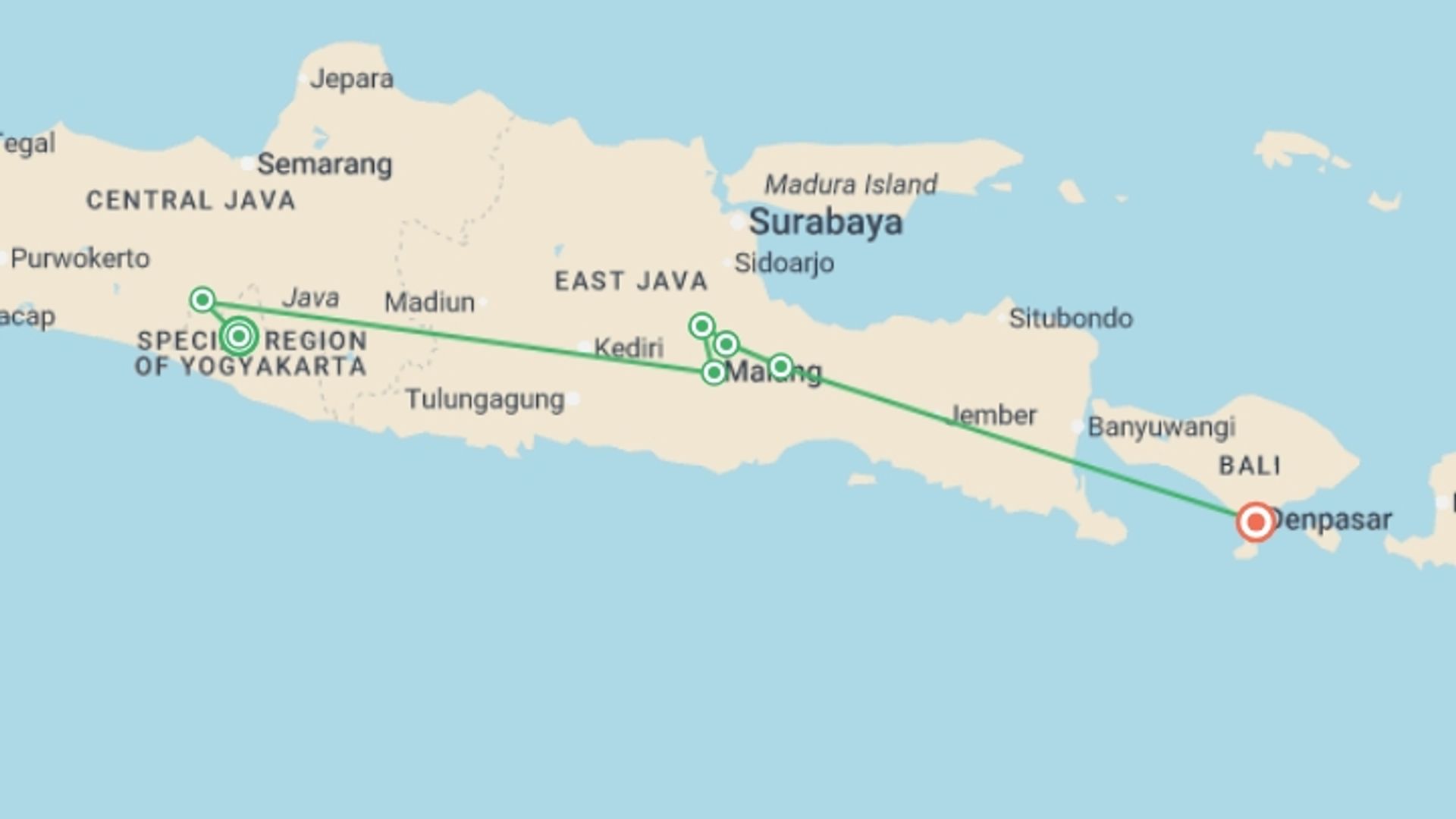 A map showing the tour itinerary for the trip: Volcanoes of East Java, starting in Yogyakarta, Indonesia and ending in Denpasar, Indonesia going through 5 other destinations.