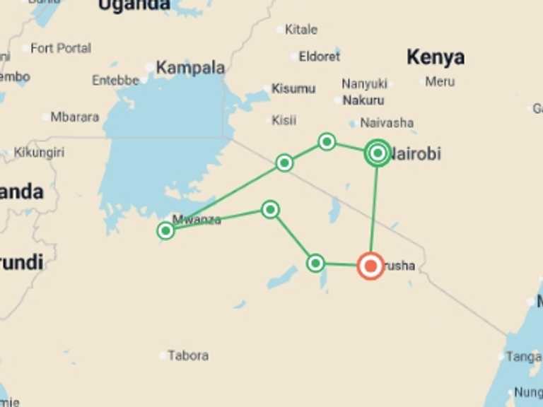 Map itinerary of Arusha Tour in September 2027 with 7 destination visits for the trip: East Africa Family Safari Comfort