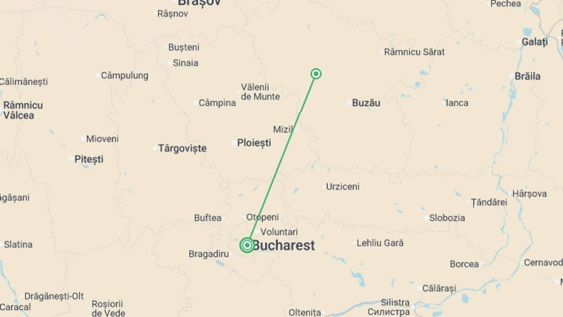 A map showing the tour itinerary for the trip: Carpathian Walking & Bears, starting in Bucharest, Romania and ending in Bucharest, Romania going through 2 other destinations.