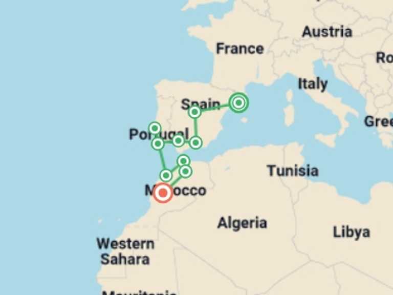Map of 16-Day Marrakech Tour with 10 destination visits for the trip: Spain, Portugal & Morocco: Tapas, Medinas & Sunsets