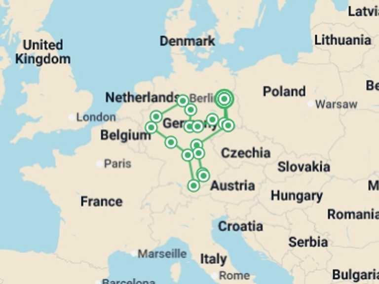 Map of 11-Day Berlin Tour with 8 destination visits for the trip: Great Cities and Castles Route with Berlin