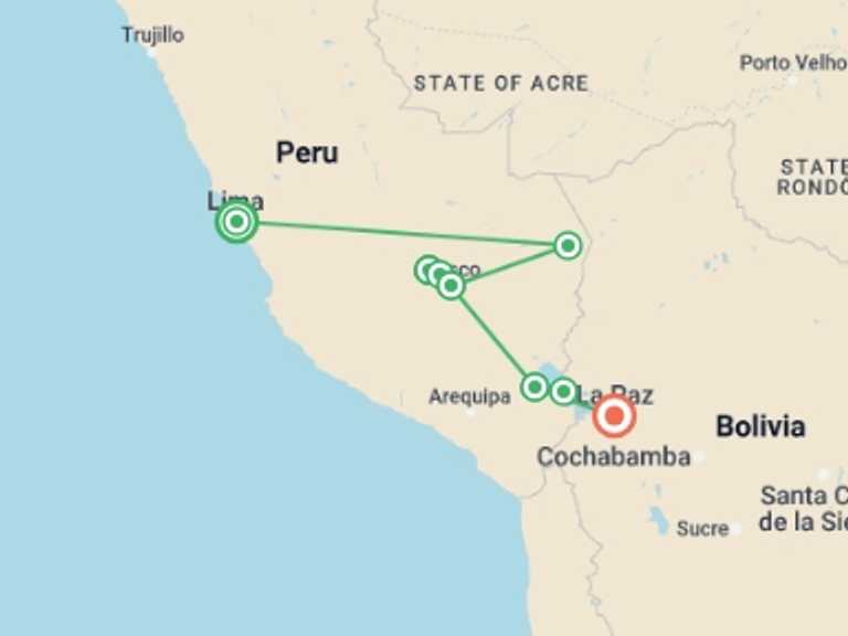 Map itinerary of Lima Tour in September 2027 with 9 destination visits for the trip: Real Peru to Bolivia