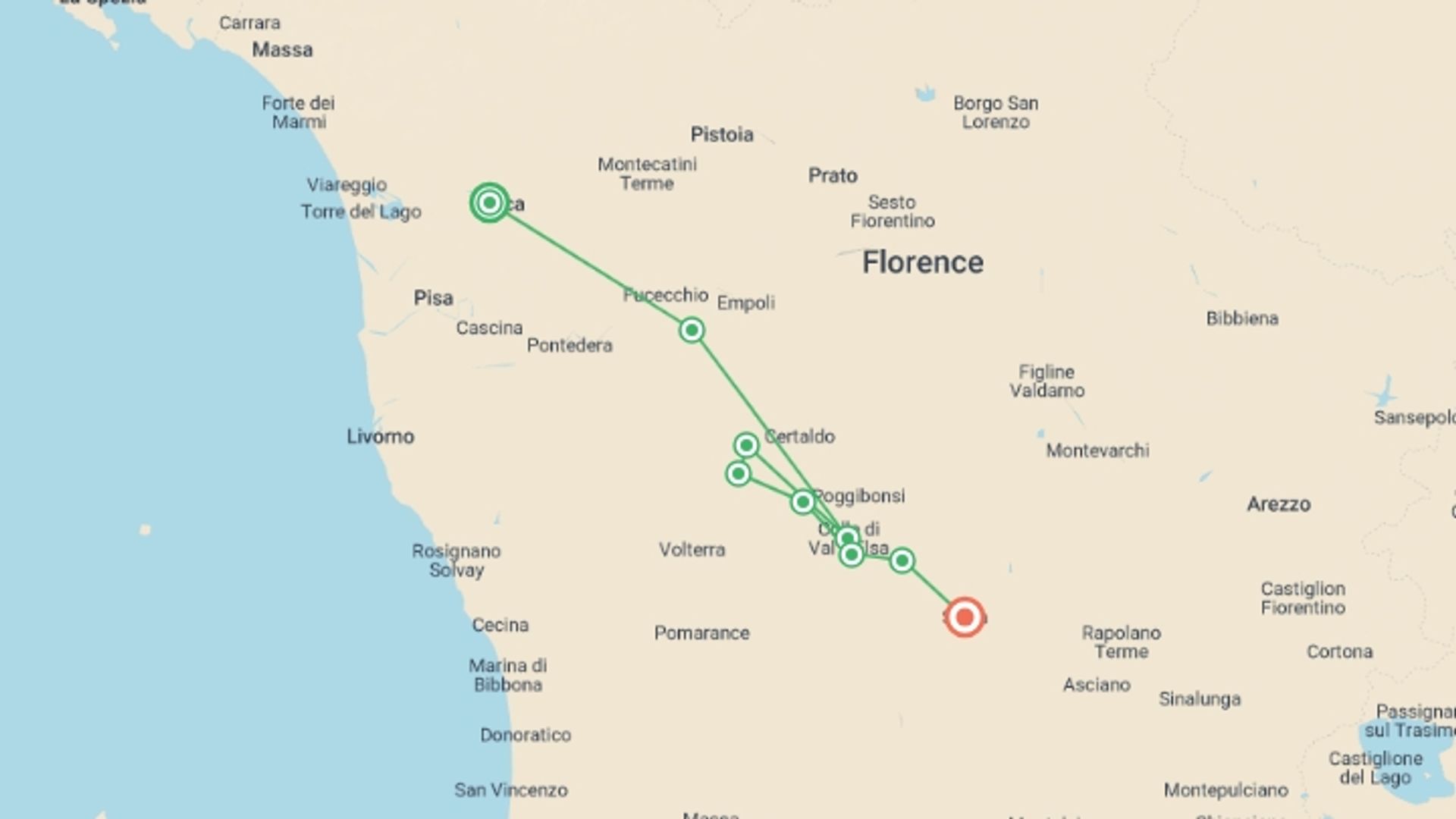 A map showing the tour itinerary for the trip: Via Francigena: Lucca to Siena, starting in Lucca, Italy and ending in Siena, Italy going through 5 other destinations.
