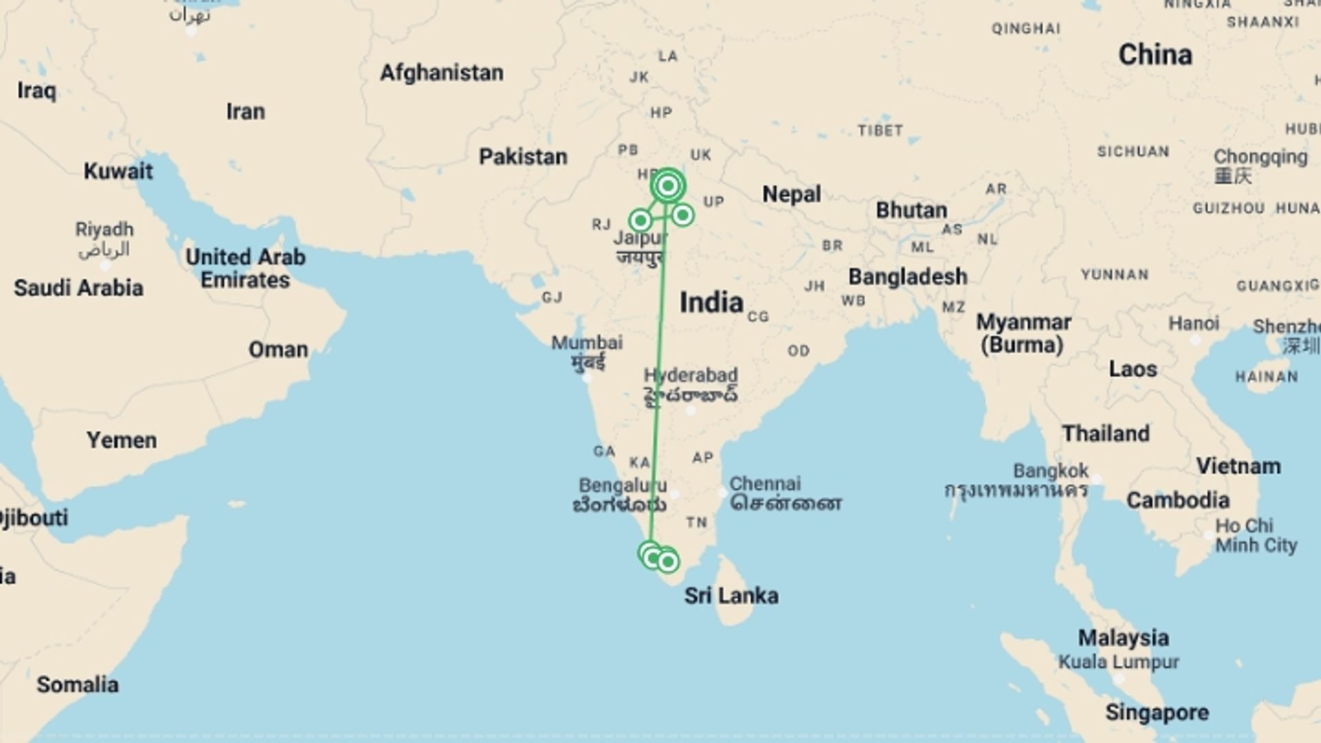 A map showing the tour itinerary for the trip: Golden Triangle With Kerala,  Supersaver, starting in New Delhi, India and ending in New Delhi, India going through 6 other destinations.