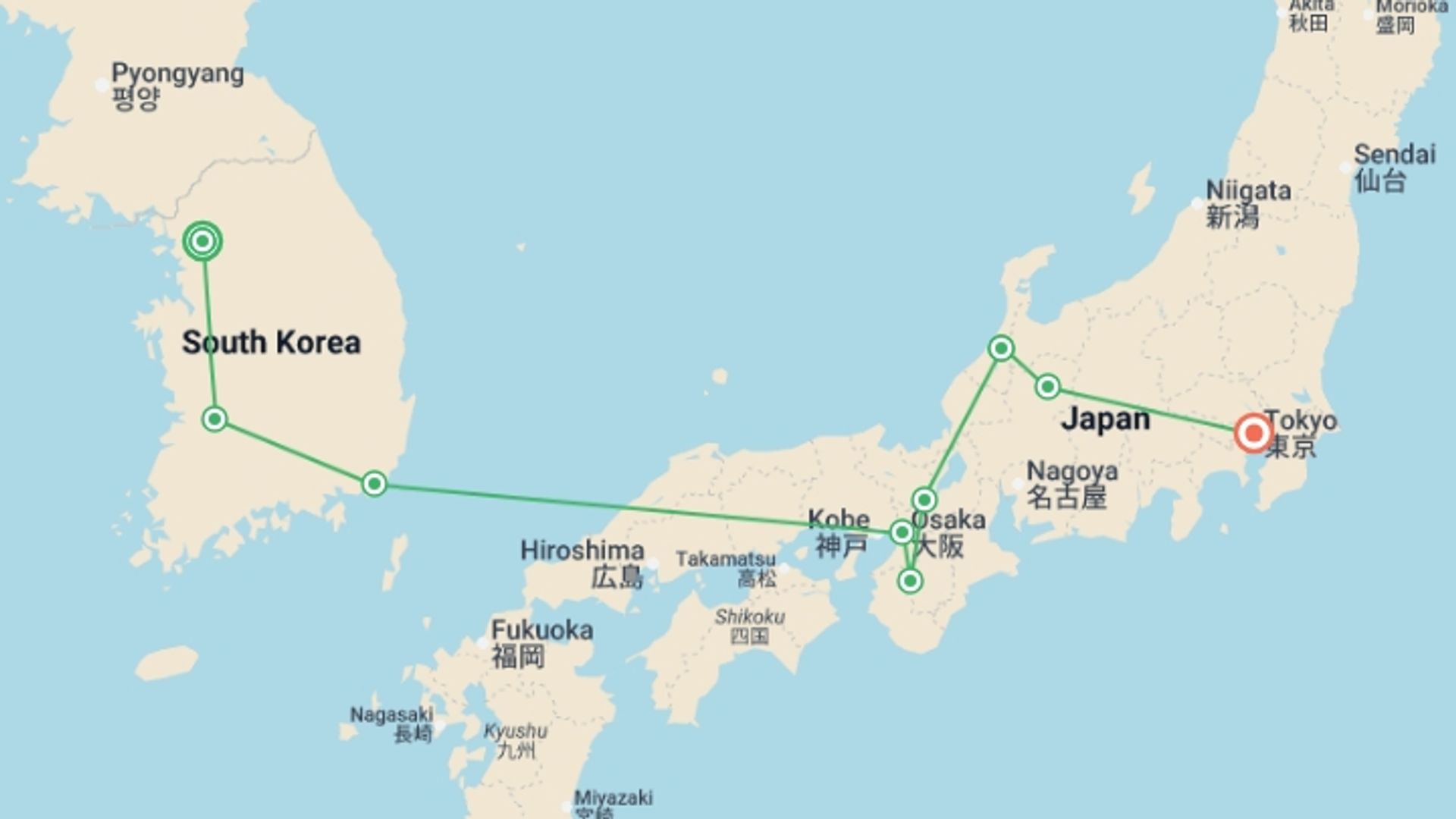 A map showing the tour itinerary for the trip: Traditional Korea and Japan, starting in Seoul, South Korea and ending in Tokyo, Japan going through 7 other destinations.
