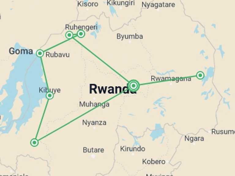 Map itinerary of Kigali Tour in May 2026 with 8 destination visits for the trip: Rwanda Adventure: 14 Days