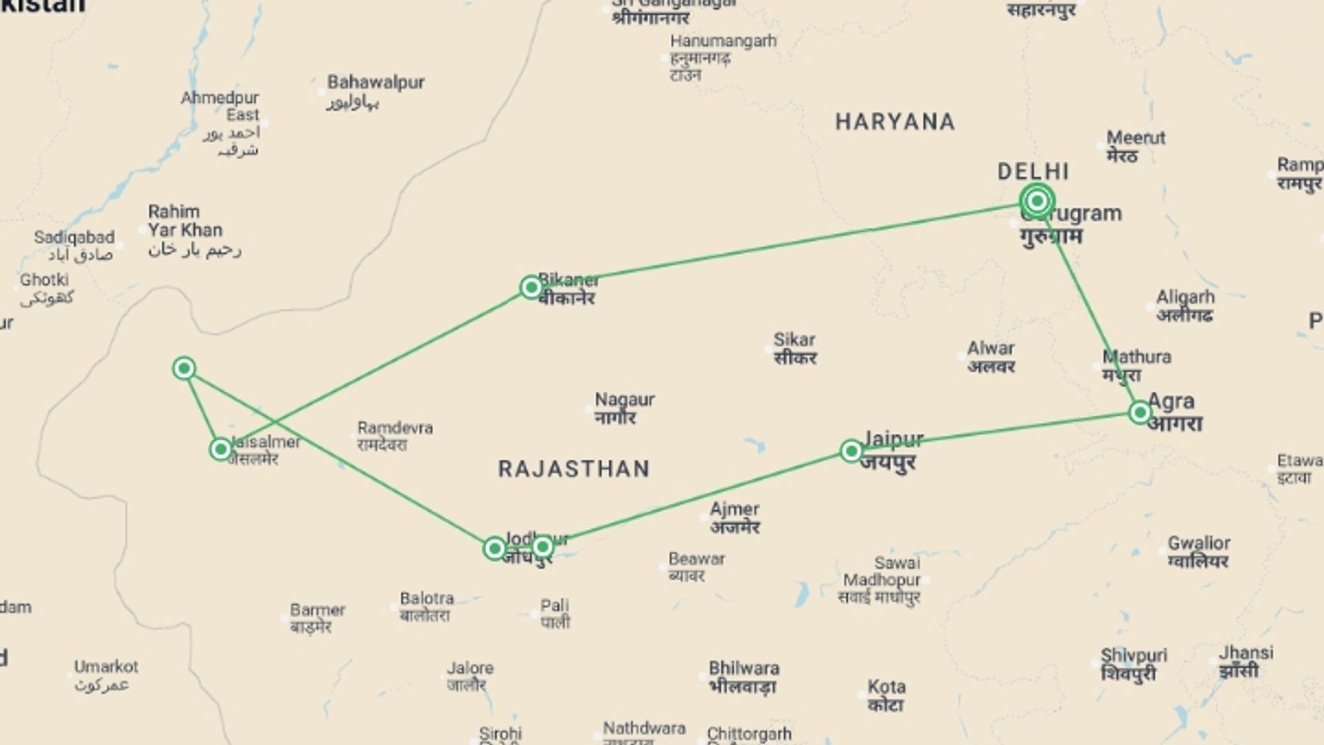A map showing the tour itinerary for the trip: India: Women's Expedition, starting in New Delhi, India and ending in New Delhi, India going through 7 other destinations.