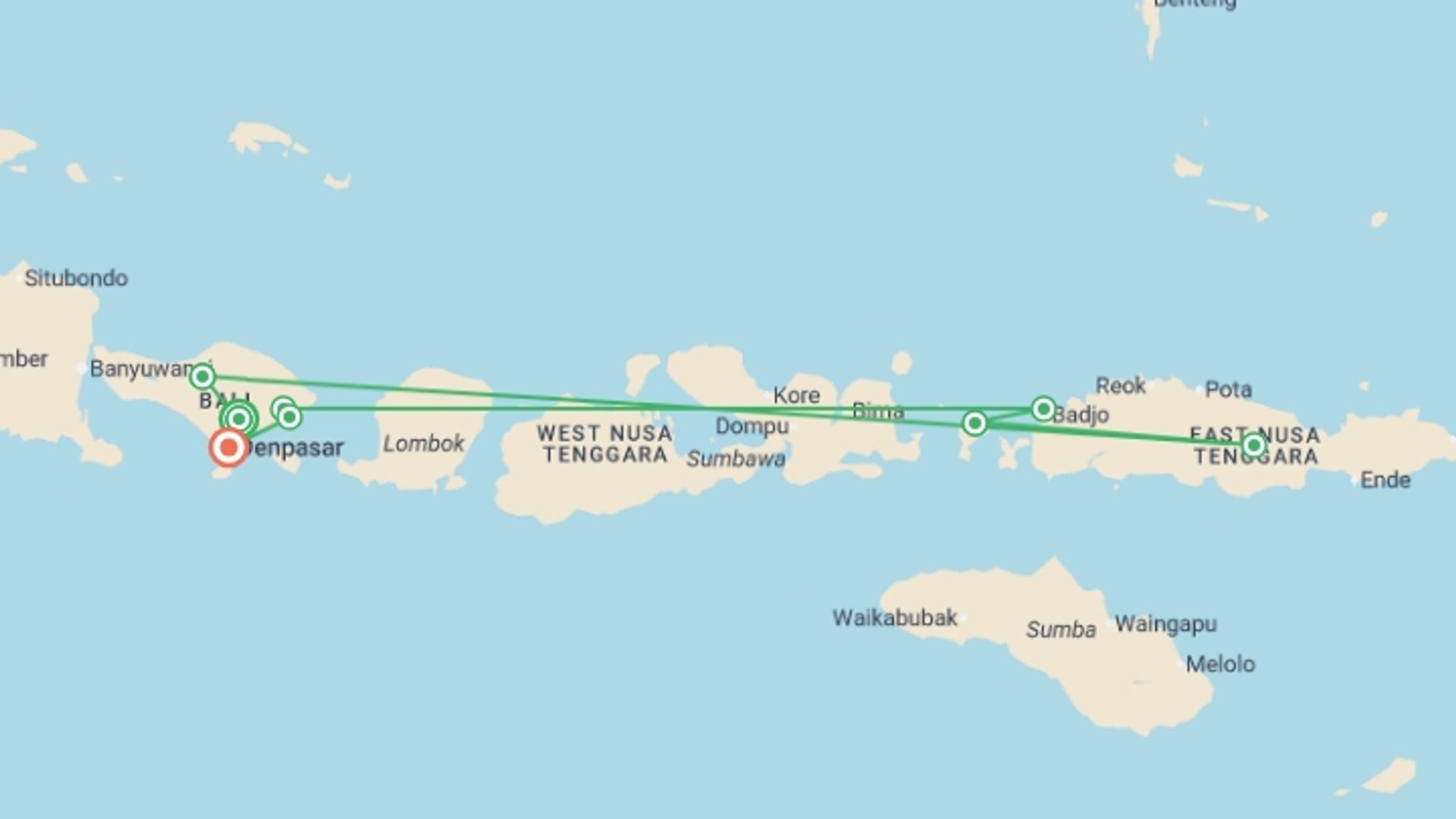 A map showing the tour itinerary for the trip: Bali and Komodo: Dragons, Rice Terraces & Cultural Ceremonies, starting in Ubud, Indonesia and ending in Denpasar, Indonesia going through 7 other destinations.