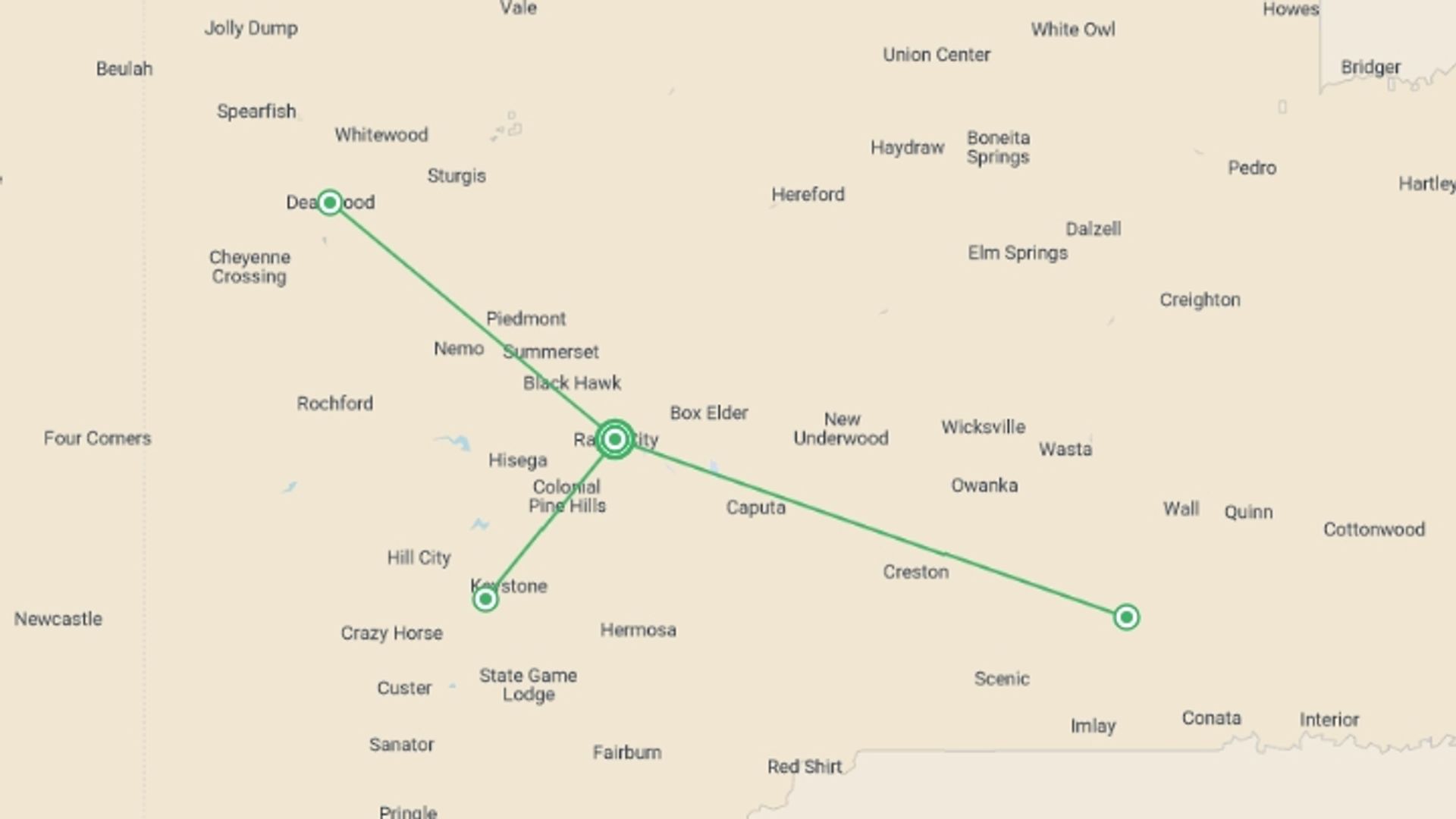A map showing the tour itinerary for the trip: Spotlight on South Dakota, starting in Rapid City, USA and ending in Rapid City, USA going through 0 other destinations.