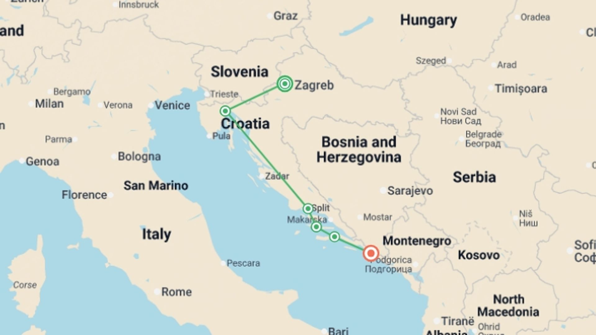 A map showing the tour itinerary for the trip: Croatia Highlights & Island Hopping - 11 days, starting in Zagreb, Croatia and ending in Dubrovnik, Croatia going through 4 other destinations.