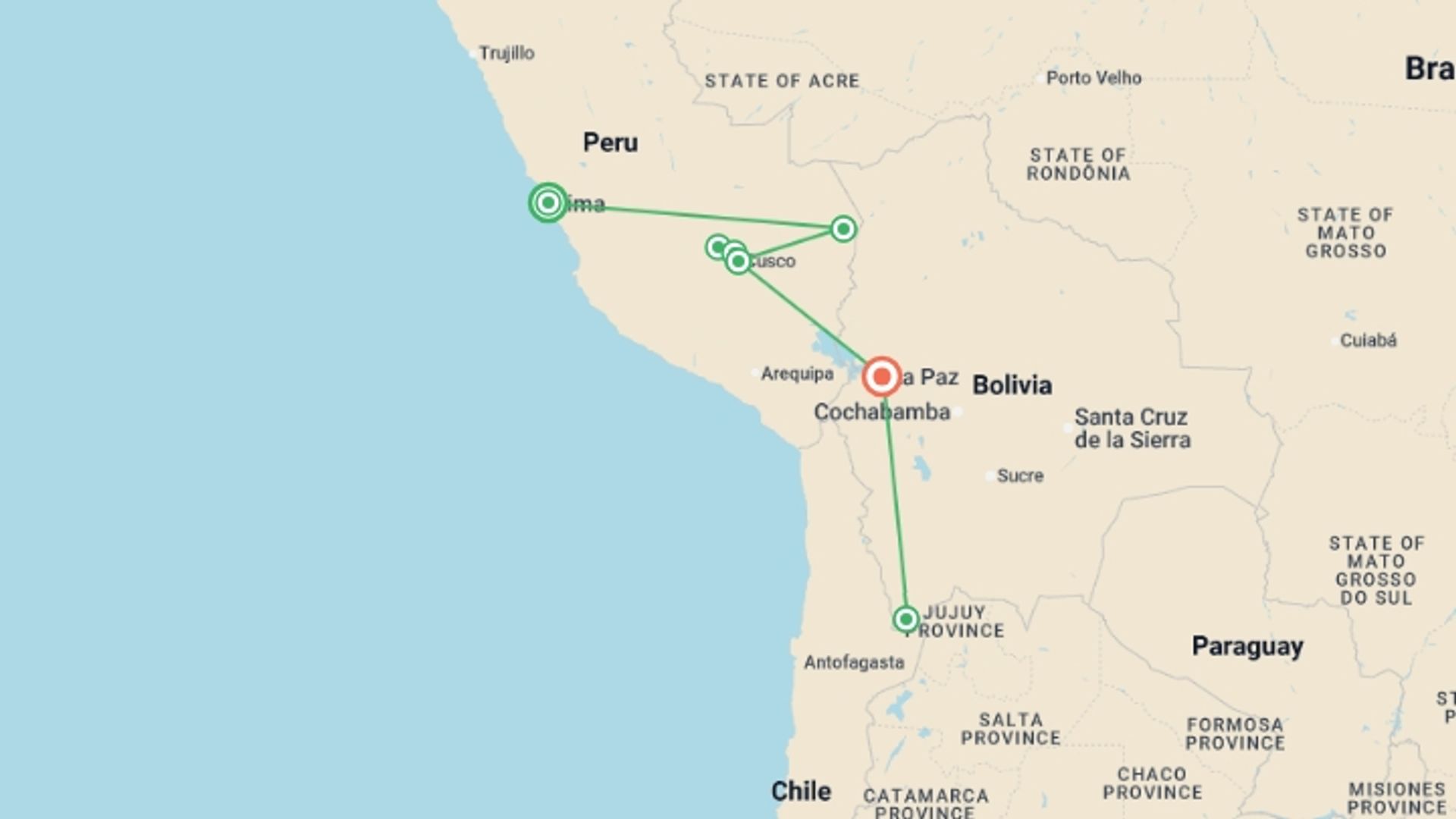 A map showing the tour itinerary for the trip: Peru and Bolivia Explorer, starting in Lima, Peru and ending in La Paz, Bolivia going through 6 other destinations.