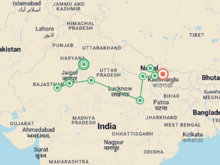 Map of 15-Day New Delhi Tour with 9 destination visits for the trip: Delhi to Kathmandu: River Walks & Epic Wildlife