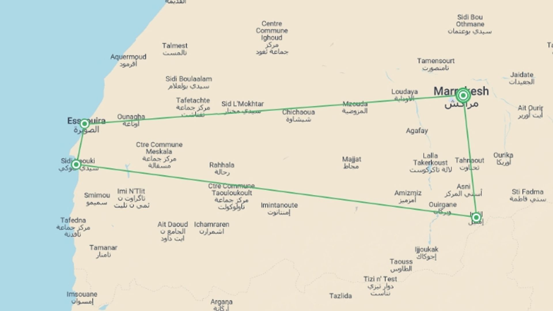 A map showing the tour itinerary for the trip: Family Marrakech, Atlas & Essaouira Adventure, starting in Marrakech, Morocco and ending in Marrakech, Morocco going through 3 other destinations.