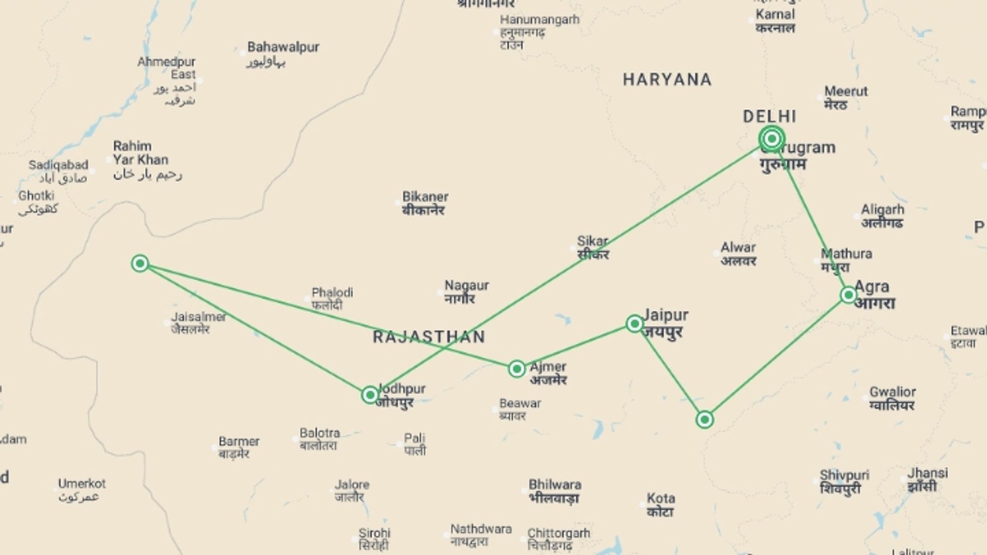 A map showing the tour itinerary for the trip: India Experience, starting in New Delhi, India and ending in New Delhi, India going through 6 other destinations.