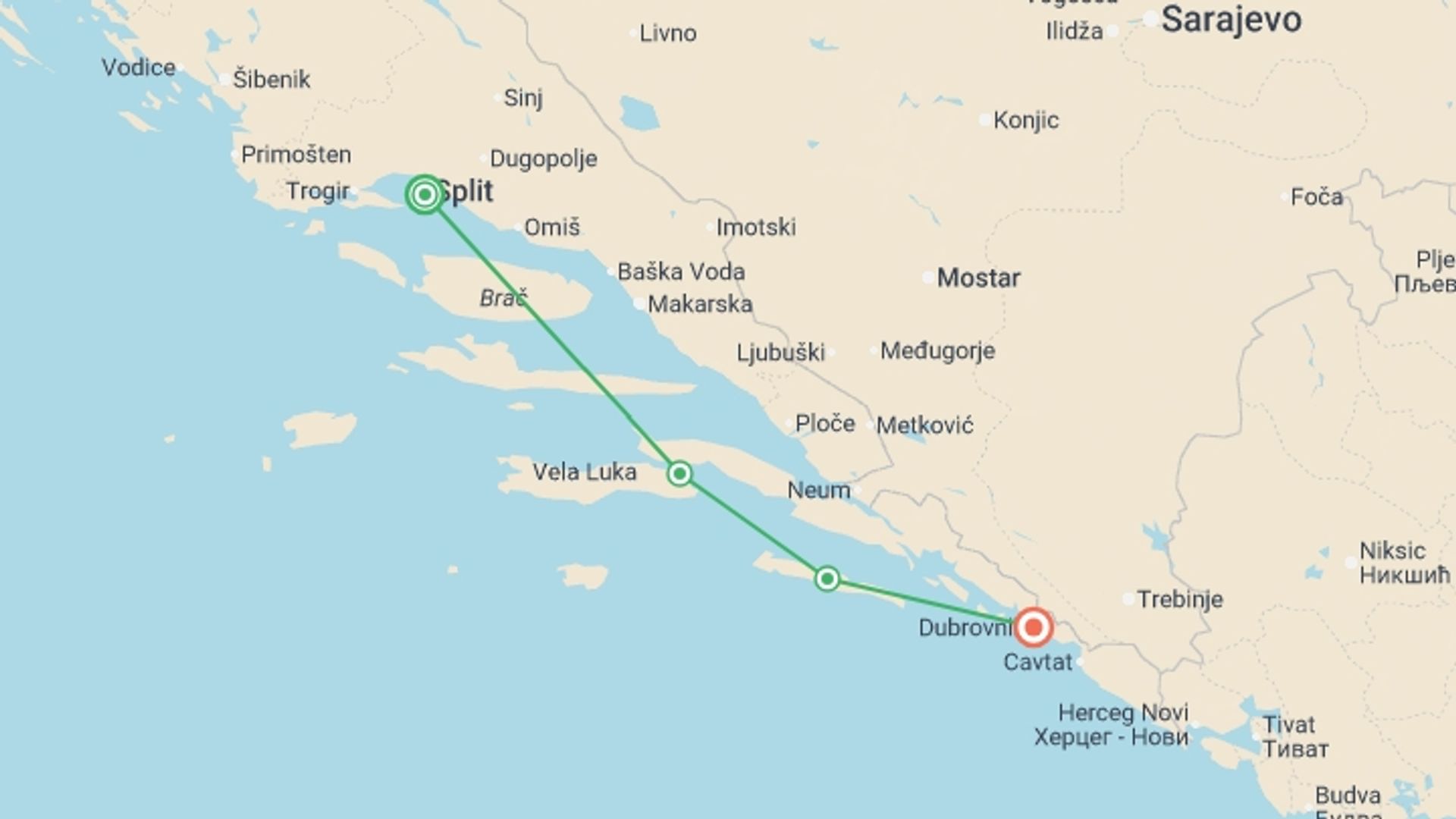 A map showing the tour itinerary for the trip: Cruise Split to Dubrovnik Express - 4 days, starting in Split, Croatia and ending in Dubrovnik, Croatia going through 1 other destinations.