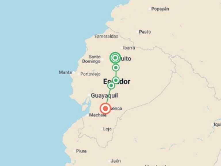 Map itinerary of Ecuador Tour in November 2025 with 5 destination visits for the trip: 7 Days Complete Volcano Avenue: Cotopaxi, Quilotoa, Baños, Chimborazo, Ingapirca & Cuenca, Private Tour