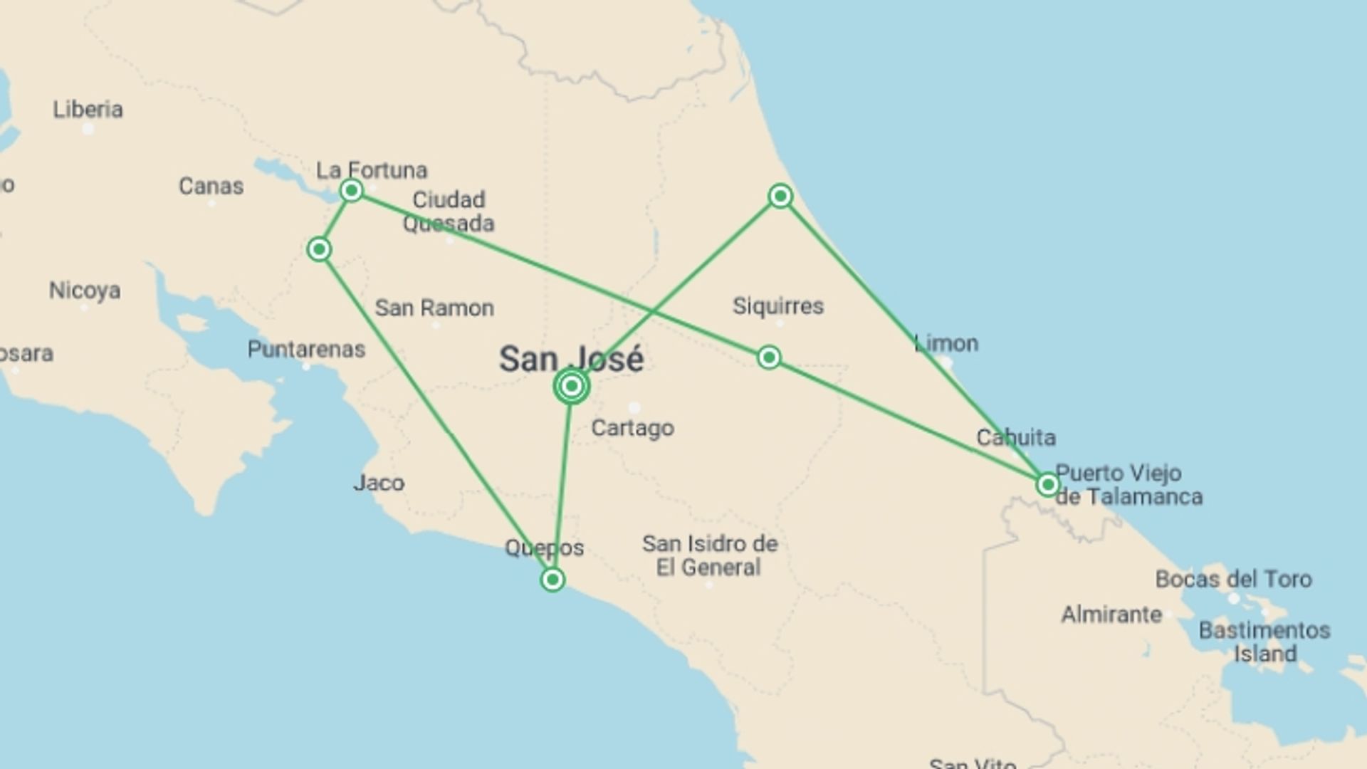 A map showing the tour itinerary for the trip: From the Caribbean Coast to the Pacific Side, starting in San Jose, Costa Rica and ending in San Jose, Costa Rica going through 7 other destinations.