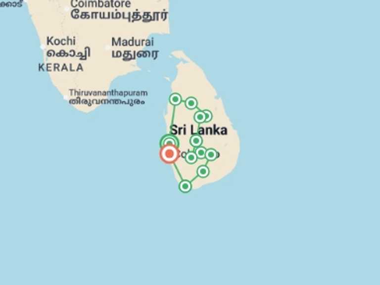 Map of a Sightseeing, attractions, culture and history Tour with 12 destination visits for the trip: Sri Lanka in Depth